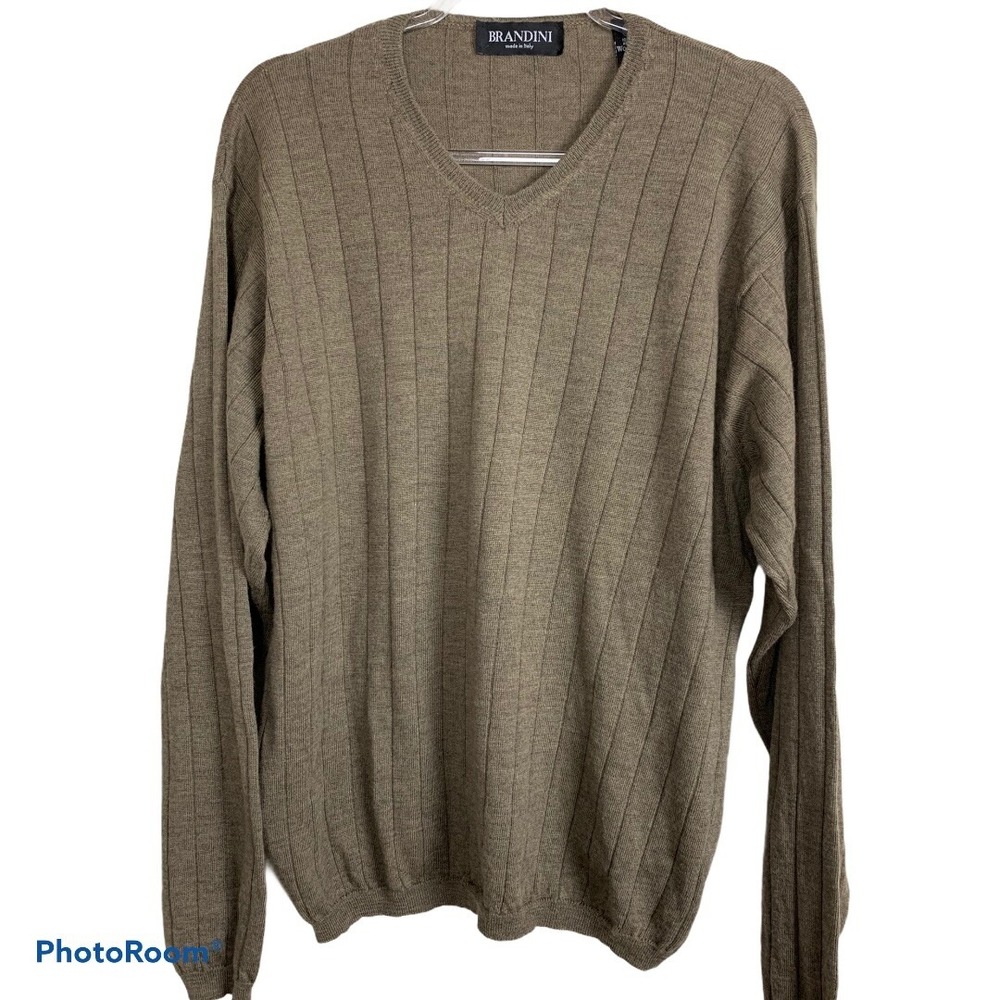 Brandini Wool V-Neck Sweater XXL Taupe Vintage Classic‎ Preppy Quiet Luxury